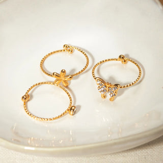 ステンレス304 低ニッケル 水に濡れても錆びにくい 18Kゴールドメッキ リング フラワー 花 リボン ジルコニア 3点セット【YJ02344】