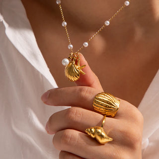 ステンレス304 ニッケルフリー 水に濡れても錆びにくい 18Kゴールドメッキ ネックレス ヒトデ シェル 貝殻 パール 【YJ00622】
