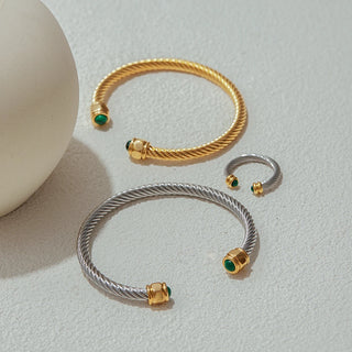 ステンレス304 ニッケルフリー 水に濡れても錆びにくい 18Kゴールドメッキ ブレスレット バングル ターコイズ 【YJ00398】