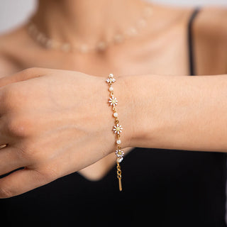 ステンレス304 低ニッケル 水に濡れても錆びにくい 18Kゴールドメッキ ブレスレット フラワー 花 パール 【YJ03532】