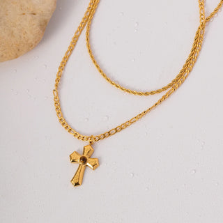 ステンレス304 低ニッケル 水に濡れても錆びにくい 18Kゴールドメッキ ネックレス 2連 クロス 【YJ03442】