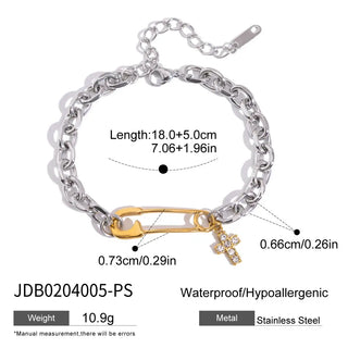 ステンレス304 ニッケルフリー 水に濡れても錆びにくい 18Kゴールドメッキ チェーン ブレスレット ジルコニア 安全ピン ハート クロス 【YJ00198】