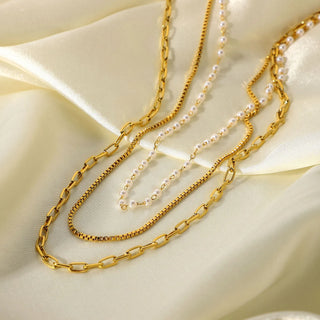 ステンレス304 低ニッケル 水に濡れても錆びにくい 18Kゴールドメッキ ネックレス チェーン 3連 パール 【YJ02617】