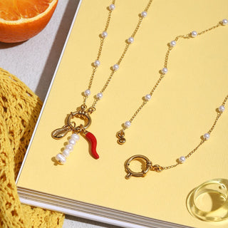 ステンレス304 ニッケルフリー 水に濡れても錆びにくい 18Kゴールドメッキ チェーン ネックレス 魚 フィッシュ パール 【YJ00723】