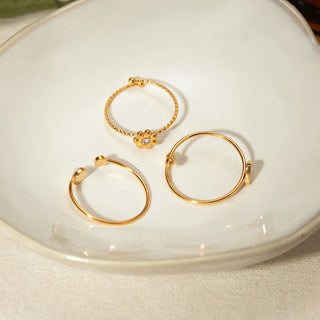 ステンレス304 低ニッケル 水に濡れても錆びにくい 18Kゴールドメッキ リング  フラワー 花 ハート 3点セット 【YJ02343】