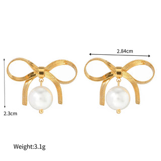 ステンレス304 低ニッケル 水に濡れても錆びにくい 18Kゴールドメッキ ピアス リボン パール 【YJ02134】
