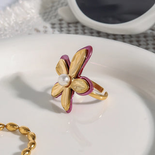 ステンレス304 低ニッケル 水に濡れても錆びにくい 18Kゴールドメッキ リング フラワー 花 エナメル パール 【YJ01213】