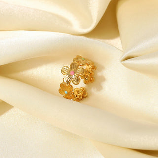 ステンレス304 低ニッケル 水に濡れても錆びにくい 18Kゴールドメッキ リング フラワー 花 エナメル 【YJ01754】