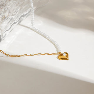 ステンレス304 低ニッケル 水に濡れても錆びにくい 18Kゴールドメッキ ネックレス ハート パール 【YJ02043】