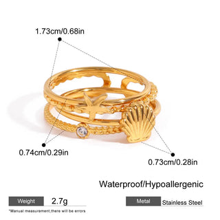 ステンレス304 低ニッケル 水に濡れても錆びにくい 18Kゴールドメッキ リング シェル 貝殻  ヒトデ【YJ02704】