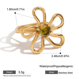 ステンレス304 ニッケルフリー 水に濡れても錆びにくい 18Kゴールドメッキ リング フラワー 花 ジルコニア 【YJ00914】