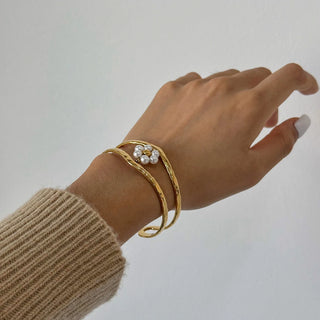 ステンレス304 低ニッケル 水に濡れても錆びにくい 18Kゴールドメッキ ブレスレット 2層 フラワー 花 パール 【YJ02629】