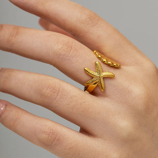 ステンレス304 低ニッケル 水に濡れても錆びにくい 18Kゴールドメッキ リング シェル 貝殻 ヒトデ【YJ04013】