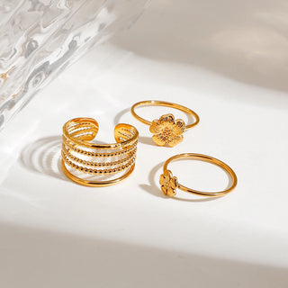 ステンレス304 低ニッケル 水に濡れても錆びにくい 18Kゴールドメッキ リング フラワー 花 3点セット【YJ02710】