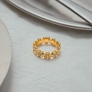 ステンレス304 ニッケルフリー 水に濡れても錆びにくい 18Kゴールドメッキ チェーン リング フラワー 花 ジルコニア 【YJ00355】