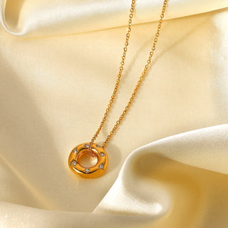 ステンレス304 低ニッケル 水に濡れても錆びにくい 18Kゴールドメッキ ネックレス サークル ジルコニア 【YJ01763】