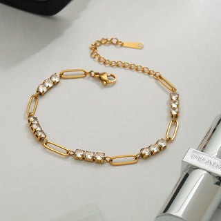 ステンレス304 低ニッケル 水に濡れても錆びにくい 18Kゴールドメッキ ブレスレット チェーン ジルコニア 【YJ02593】