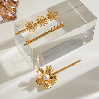 ステンレス304 低ニッケル 水に濡れても錆びにくい 18Kゴールドメッキ ヘアアクセサリー フラワー 花 パール 3点セット【YJ01088】