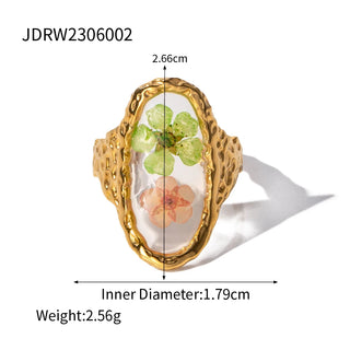 ステンレス304 低ニッケル 水に濡れても錆びにくい 18Kゴールドメッキ リング スクエア フラワー 花 レジン オーバル【YJ03438】