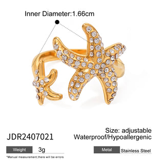 ステンレス304 低ニッケル 水に濡れても錆びにくい 18Kゴールドメッキ リング  ヒトデ  ジルコニア 【YJ03375】