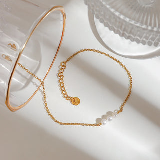 ステンレス304 低ニッケル 水に濡れても錆びにくい 18Kゴールドメッキ アンクレット パール 【YJ01505】