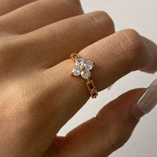 ステンレス304 低ニッケル 水に濡れても錆びにくい 18Kゴールドメッキ リング フラワー 花 ジルコニア 【YJ01970】