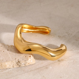 ステンレス304 低ニッケル 水に濡れても錆びにくい 18Kゴールドメッキ ブレスレット チャンキー バングル ウェーブ【YJ02901】