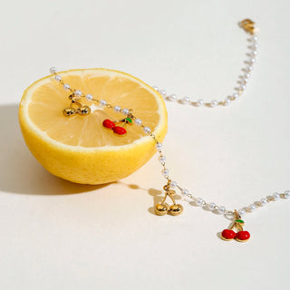 ステンレス304 ニッケルフリー 水に濡れても錆びにくい 18Kゴールドメッキ ネックレス さくらんぼ チェリー パール 【YJ00045】