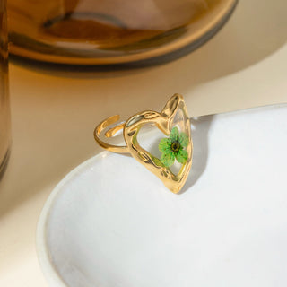 ステンレス304 低ニッケル 水に濡れても錆びにくい 18Kゴールドメッキ リング ハート フラワー 花 レジン【YJ03930】