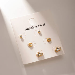ステンレス304 低ニッケル 水に濡れても錆びにくい 18Kゴールドメッキ ピアス フラワー 花 クリスタル ジルコニア 3点セット【YJ01319】