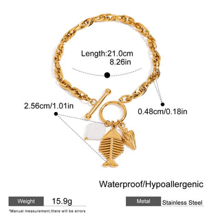 ステンレス304 ニッケルフリー 水に濡れても錆びにくい 18Kゴールドメッキ チェーン ブレスレット 魚 フィッシュ 【YJ00649】