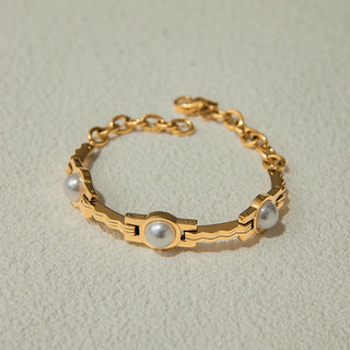 ステンレス304 ニッケルフリー 水に濡れても錆びにくい 18Kゴールドメッキ チェーン ブレスレット パール 【YJ00834】