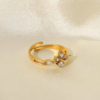 ステンレス304 低ニッケル 水に濡れても錆びにくい 18Kゴールドメッキ リング フラワー 花 ジルコニア 【YJ01729】