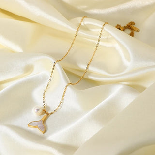 ステンレス304 低ニッケル 水に濡れても錆びにくい 18Kゴールドメッキ ネックレス チェーン シェル マーメイド パール 【YJ01602】