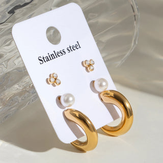 ステンレス304 低ニッケル 水に濡れても錆びにくい 18Kゴールドメッキ ピアス ジルコニア パール 3点セット【YJ01428】