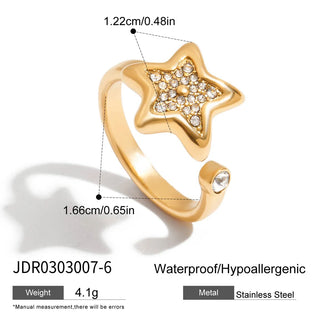 ステンレス304 低ニッケル 水に濡れても錆びにくい 18Kゴールドメッキ リング スター 星 ジルコニア 【YJ01005】