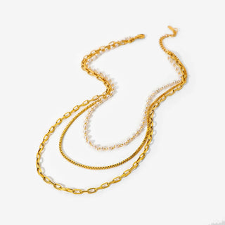 ステンレス304 低ニッケル 水に濡れても錆びにくい 18Kゴールドメッキ ネックレス チェーン 3連 パール 【YJ02617】