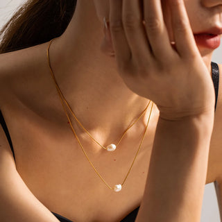 ステンレス304 低ニッケル 水に濡れても錆びにくい 18Kゴールドメッキ ネックレス 2連 パール 【YJ03530】