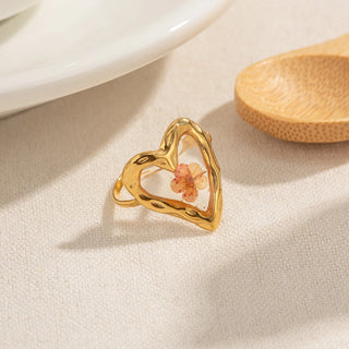 ステンレス304 低ニッケル 水に濡れても錆びにくい 18Kゴールドメッキ リング ハート フラワー 花 レジン【YJ03435】