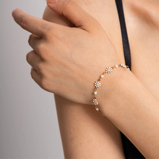 ステンレス304 低ニッケル 水に濡れても錆びにくい 18Kゴールドメッキ ブレスレット フラワー 花 パール 【YJ03532】