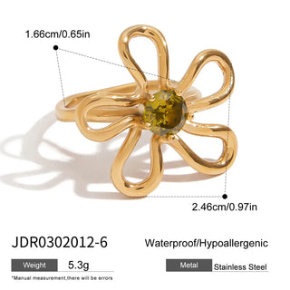 ステンレス304 ニッケルフリー 水に濡れても錆びにくい 18Kゴールドメッキ リング フラワー 花 ジルコニア 【YJ00936】