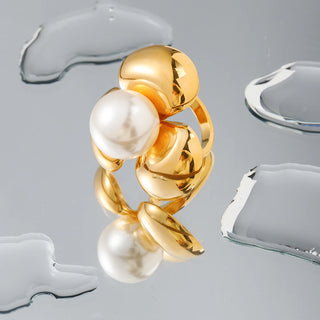 ステンレス304 低ニッケル 水に濡れても錆びにくい 18Kゴールドメッキ リング フラワー 花 パール 【YJ03499】