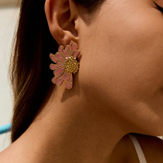 ステンレス304 低ニッケル 水に濡れても錆びにくい 18Kゴールドメッキ ピアス フラワー 花 エナメル 【YJ01061】