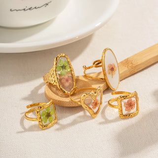 ステンレス304 低ニッケル 水に濡れても錆びにくい 18Kゴールドメッキ リング スクエア フラワー 花 レジン オーバル【YJ03438】