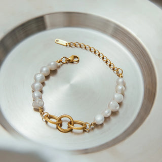 ステンレス304 ニッケルフリー 水に濡れても錆びにくい 18Kゴールドメッキ ブレスレット パール 【YJ00125】