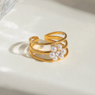 ステンレス304 低ニッケル 水に濡れても錆びにくい 18Kゴールドメッキ リング 3層 パール 花フラワー【YJ03182】