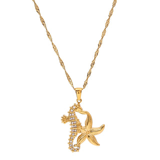 ステンレス304 低ニッケル 水に濡れても錆びにくい 18Kゴールドメッキ ネックレス ヒトデ タツノオトシゴ ジルコニア 【YJ03772】