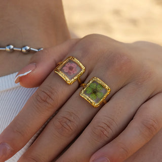 ステンレス304 低ニッケル 水に濡れても錆びにくい 18Kゴールドメッキ リング スクエア フラワー 花 レジン オーバル【YJ03438】