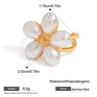 ステンレス304 ニッケルフリー 水に濡れても錆びにくい 18Kゴールドメッキ リング フラワー 花 パール【YJ00105】