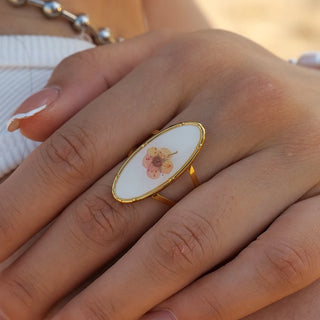 ステンレス304 低ニッケル 水に濡れても錆びにくい 18Kゴールドメッキ リング スクエア フラワー 花 レジン オーバル【YJ03438】